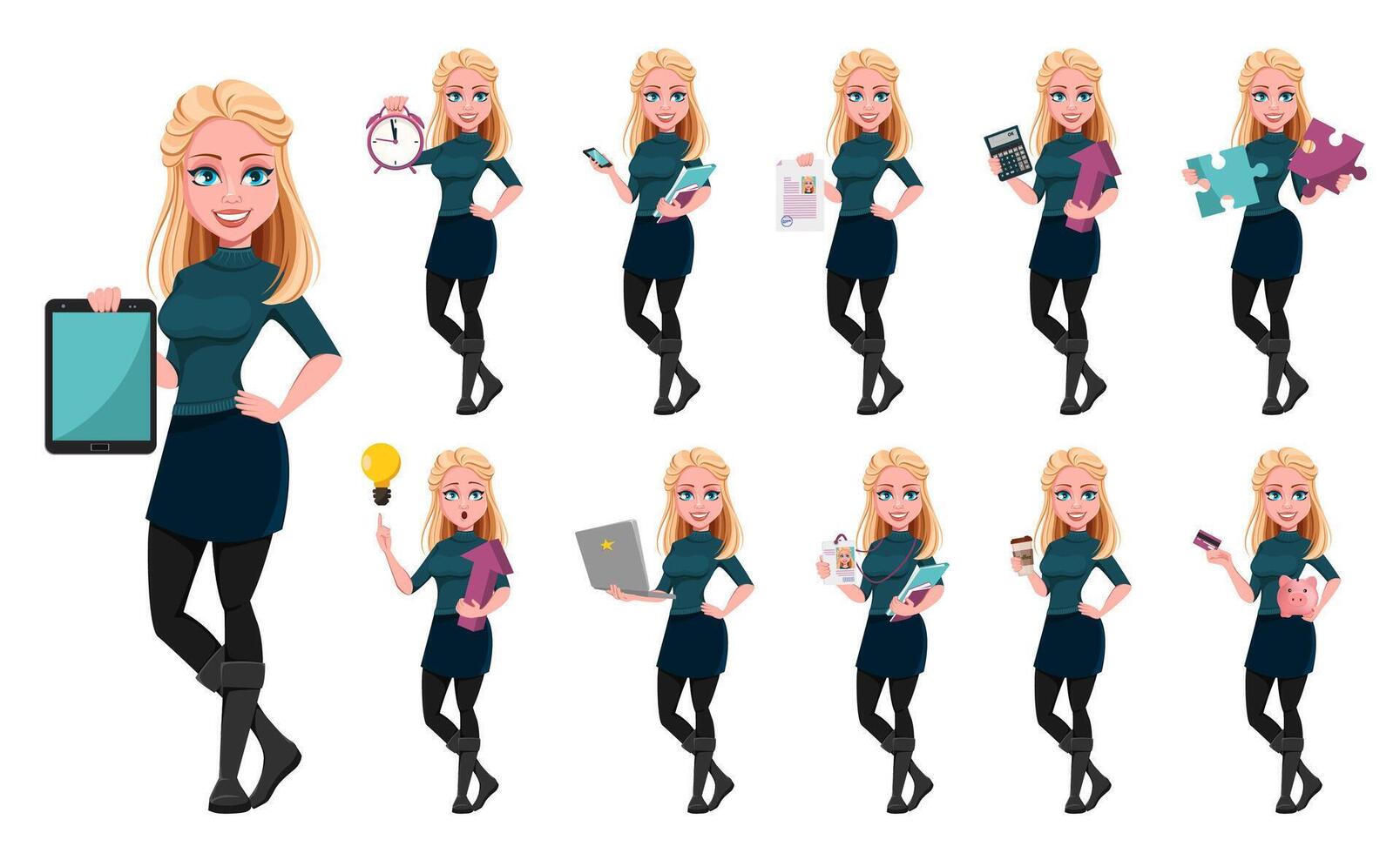 Young beautiful business woman, set vector