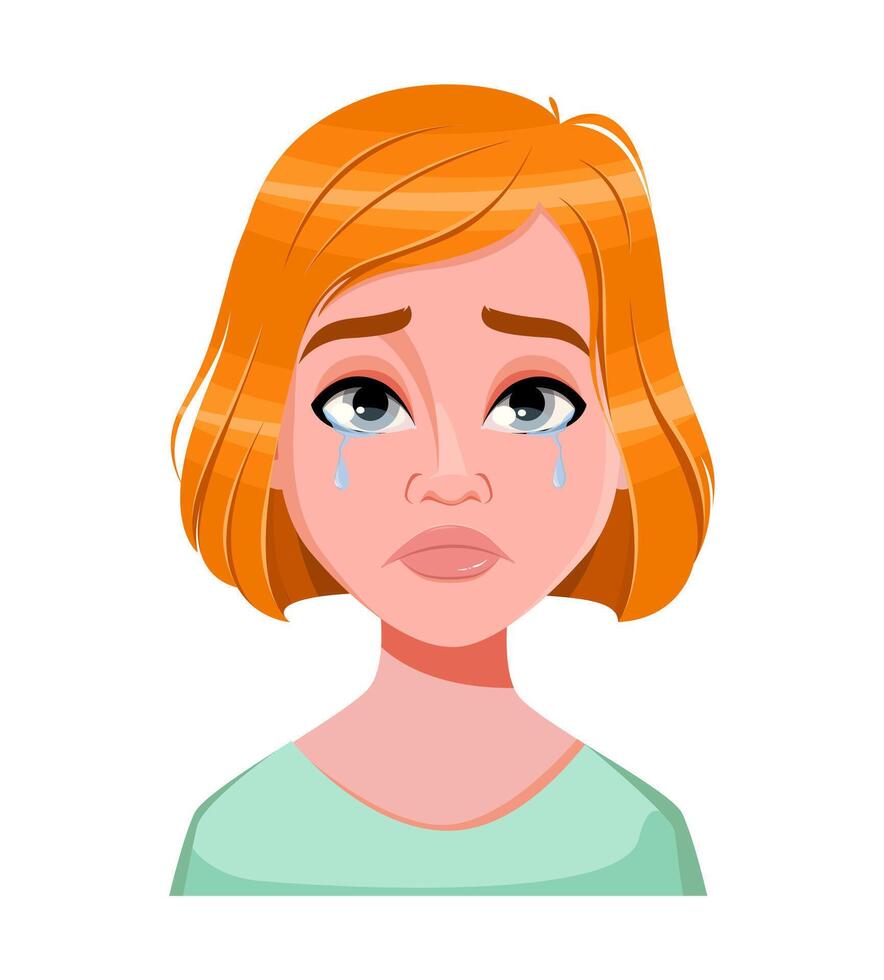 Face expression of redhead woman, crying vector