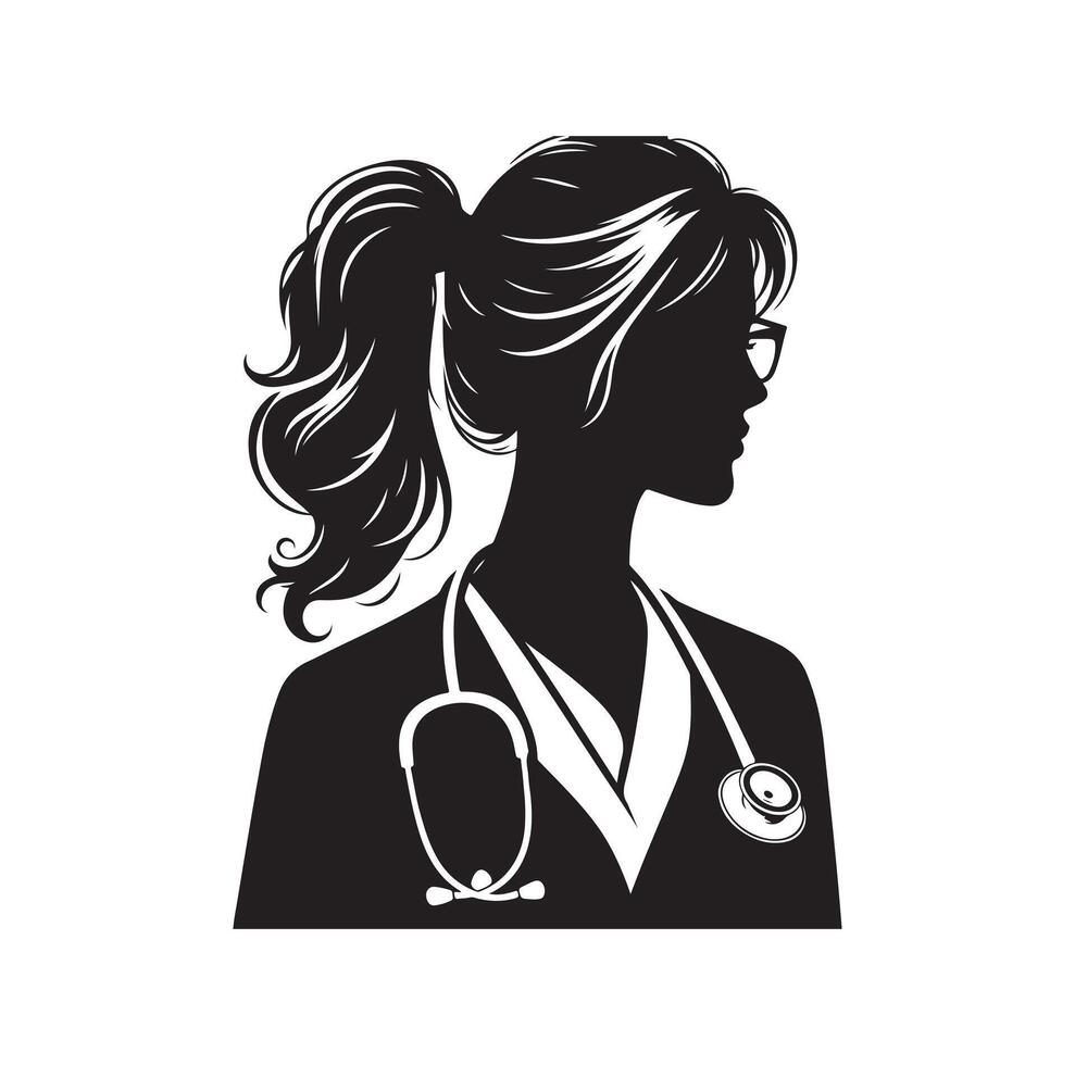 Female doctor silhouette set. Physicians standing in different position silhouette style on isolated white background vector