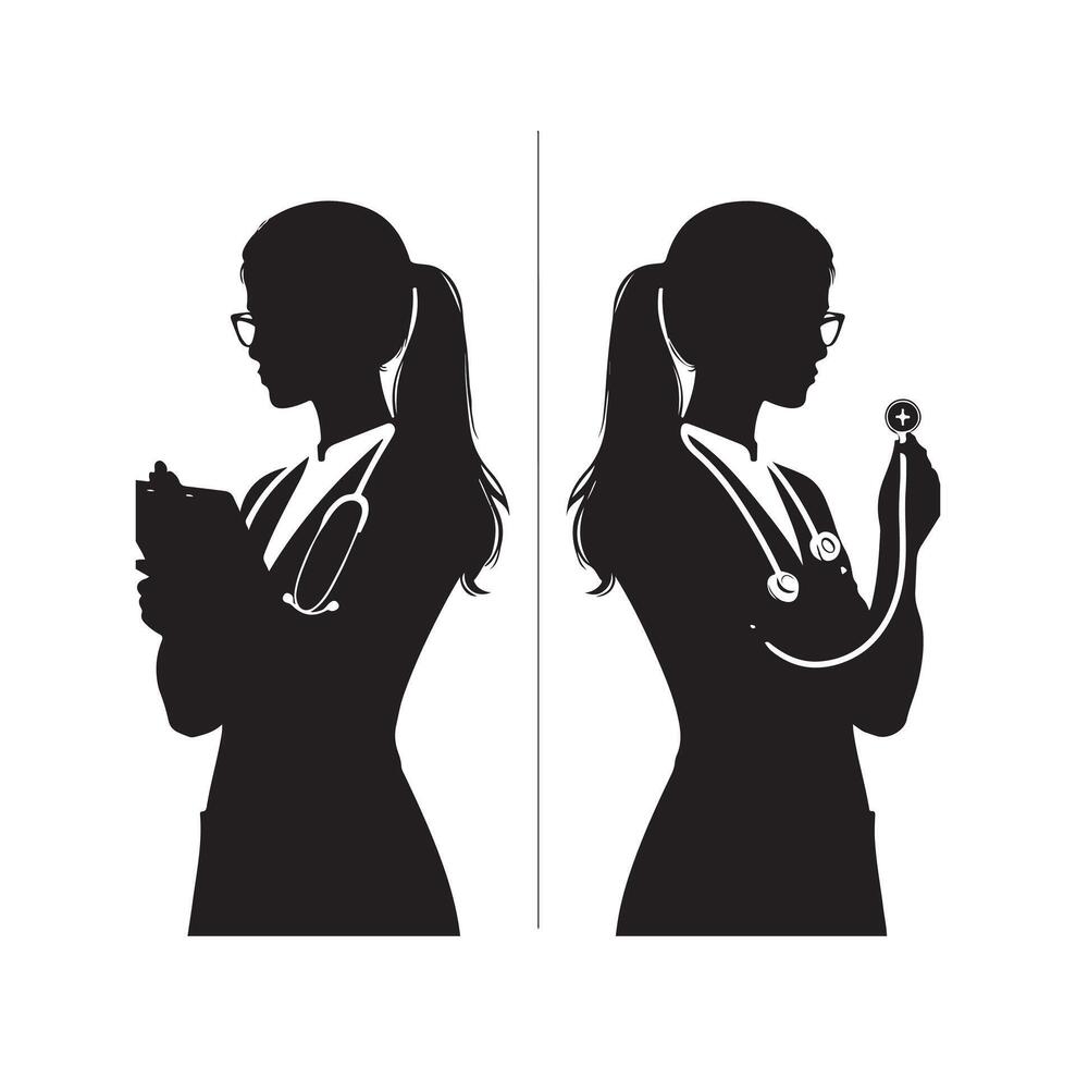 female doctor silhouette set. physicians standing in different position silhouette style on isolated white background vector