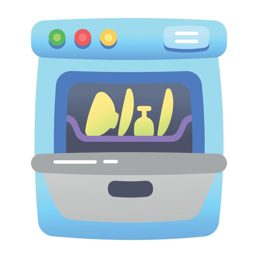 A dishwasher with crockery in it, flat icon vector