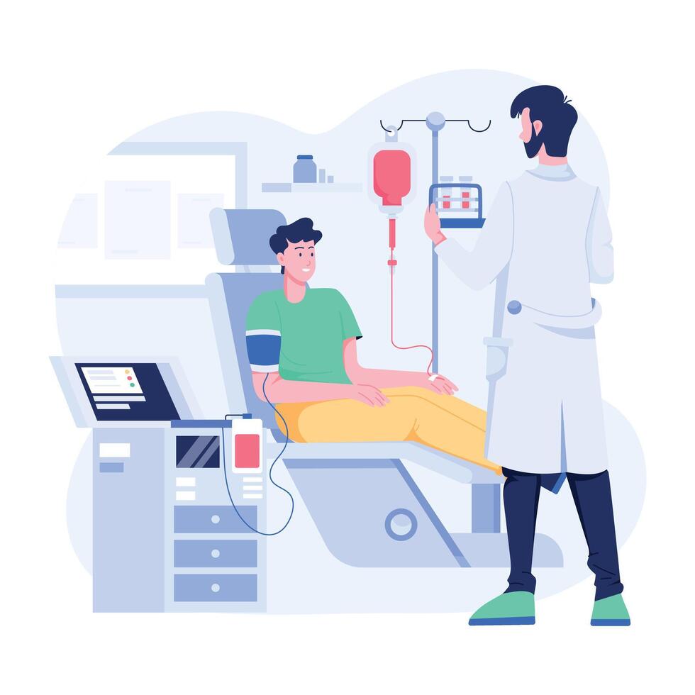 Doctor checking patient iv infusion report, flat illustration vector