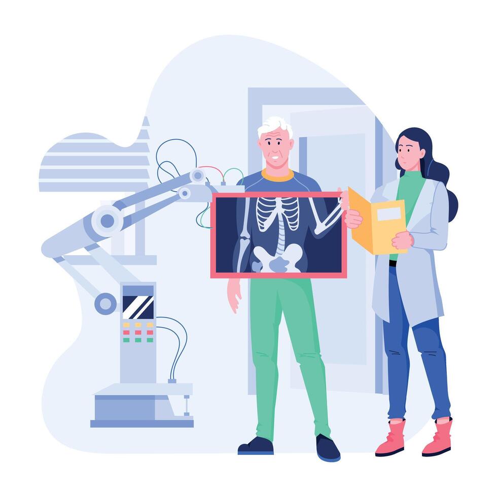 Radiologist checking x ray of an old patient, flat illustration vector