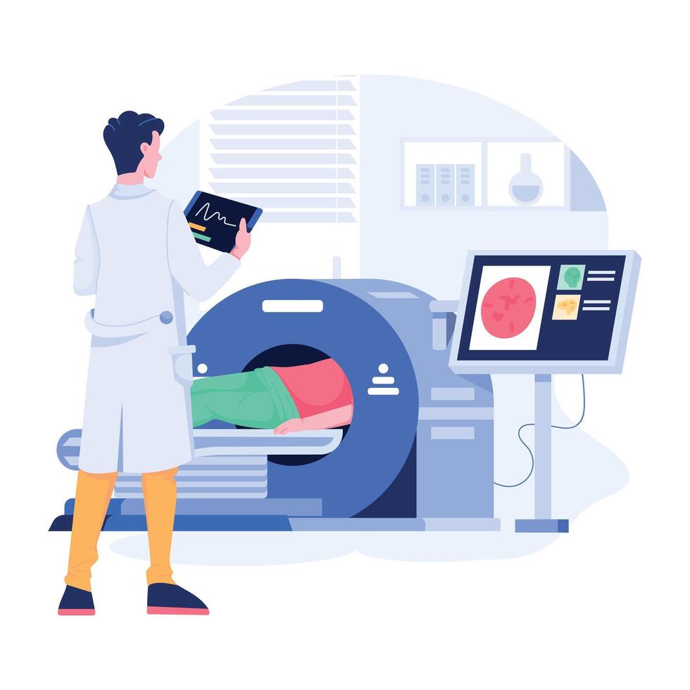A radiologist analyzes the results of a patient mri, flat illustration vector