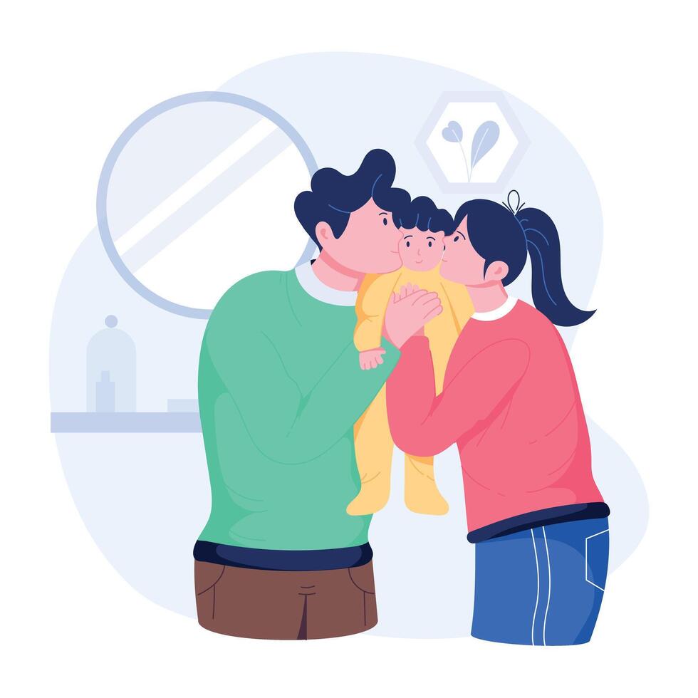 A flat style illustration of parents kissing baby on the cheeks vector