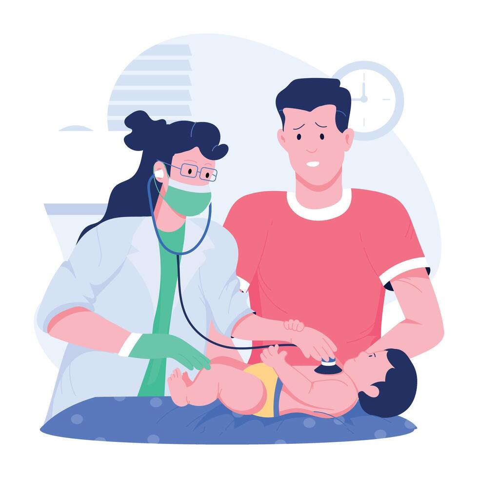 Doctor doing newborn checkup, flat style illustration vector