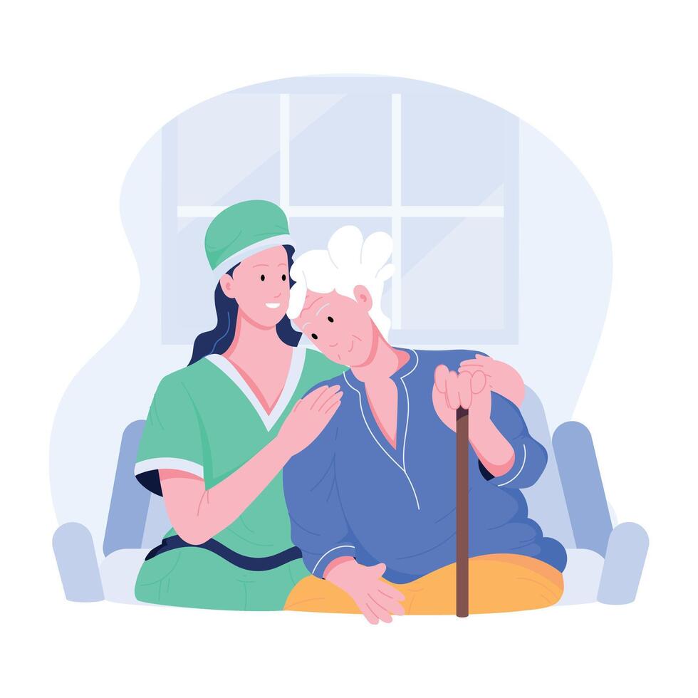 A flat character illustration of elderly citizen care vector