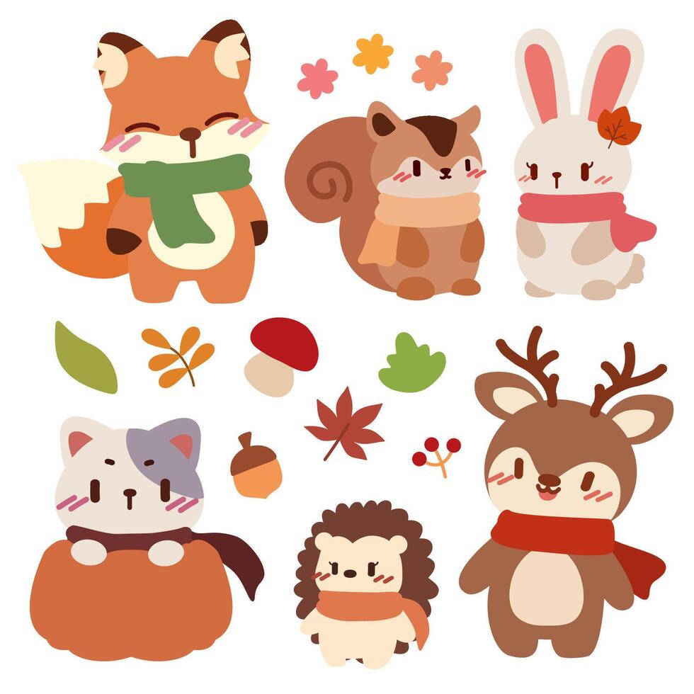 Cute Woodland Animals in Autumn Attire. Kawaii Forest Friends with Fall Leaves. Adorable Autumn Animals with Scarves vector