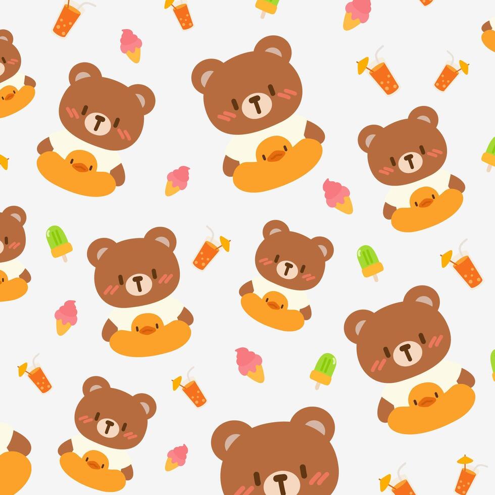 Adorable Cartoon Bear with Ice Cream and Drinks Background. Playful Summer Design with Bears, Ice Cream, and Refreshments vector