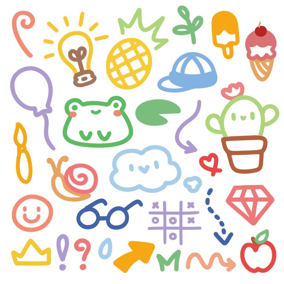 Cute Kawaii Animal and Object Doodles with Happy Faces.Cute doodle hand drawn kids set. Colorful element of snail, crown, light bulb, balloon, frog and cactus. vector