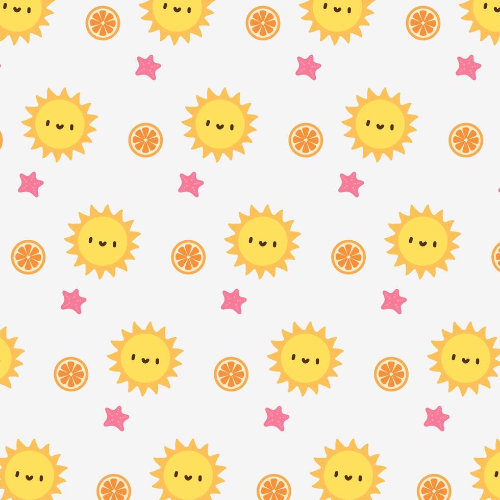 Cute Summer Pattern with Sun, Oranges, and Starfish. Adorable Cartoon Sun and Citrus Summer Background. Playful Summer Design with Smiling Sun, Oranges, and Starfish. vector