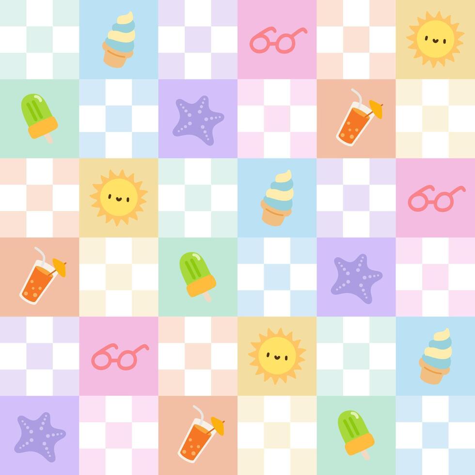 Kawaii Summer Checkerboard Pattern with Ice Cream and Suns.Cute Summer Icons in Pastel Checkered Background.Adorable Beach Theme Pastel Pattern with Ice Cream and Sunglasses. vector