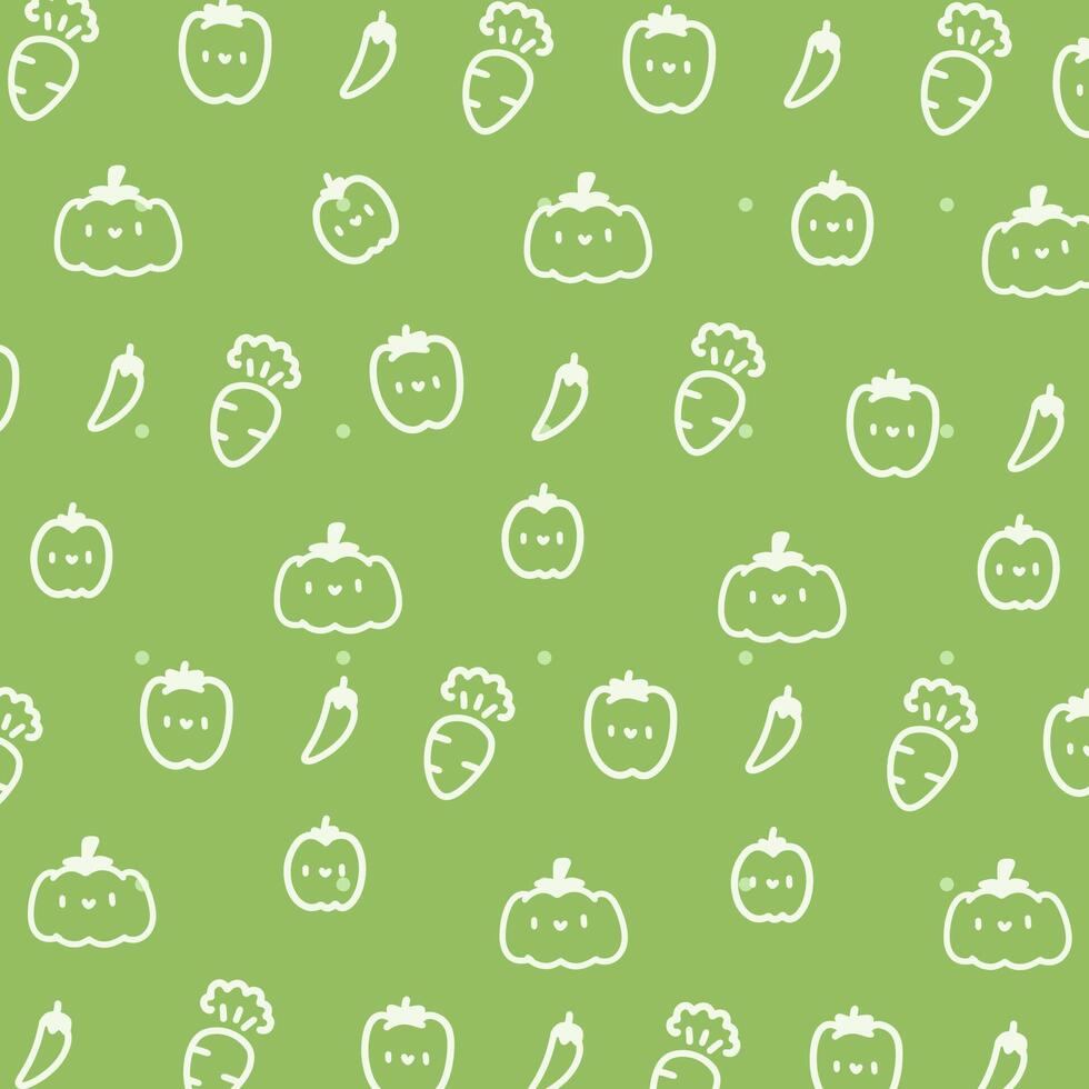 Cute Green Vegetable Pattern.Kawaii Carrots, Peppers, and Pumpkins Design.Adorable Vegetable Pattern with Cute Carrot, Bell Pepper, and Pumpkin Illustration. vector