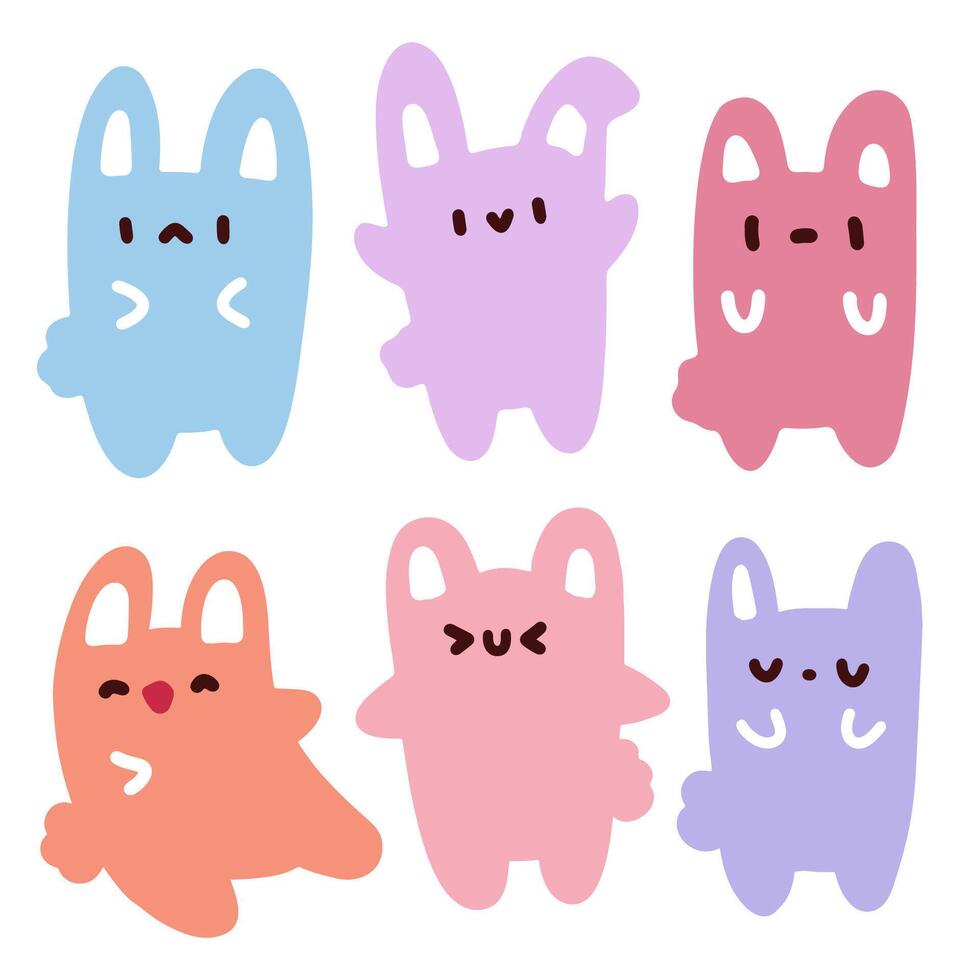 Cute Kawaii Bunny Characters. Pastel Color Set. Adorable Cartoon Bunnies. Simple and Fun Designs. vector