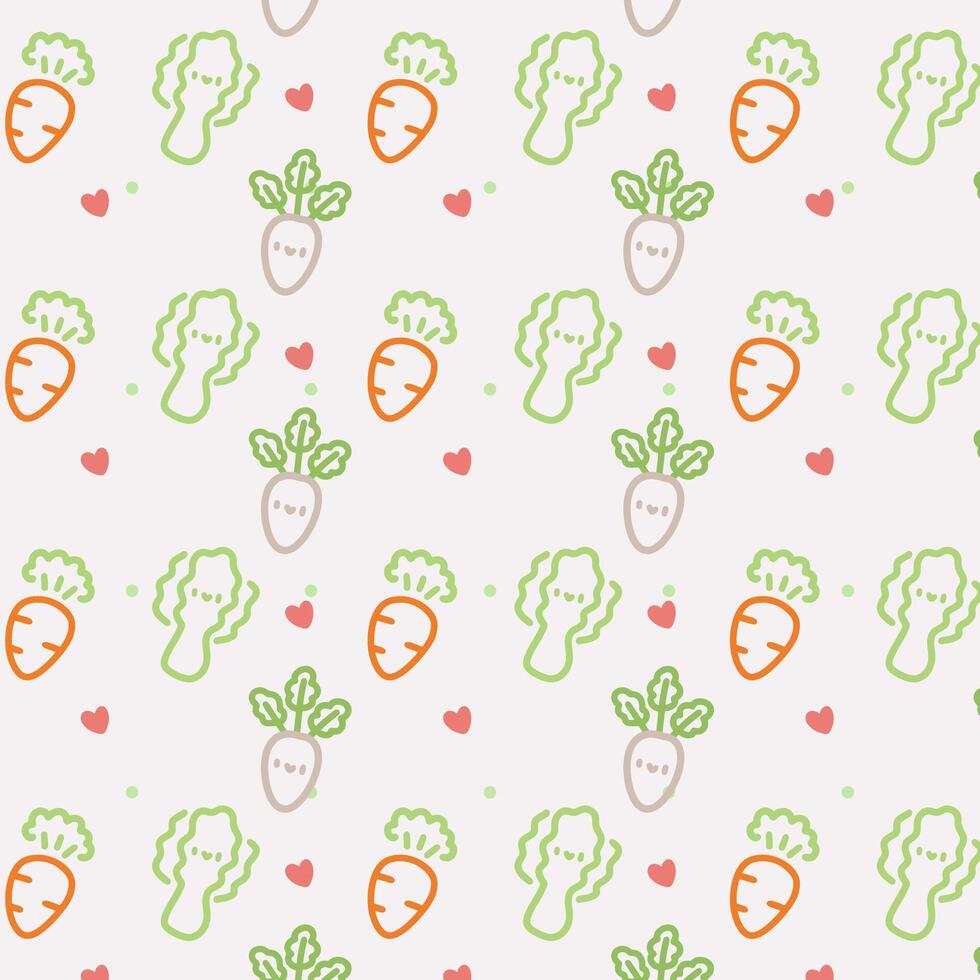 Kawaii Vegetable Pattern. Cute Carrots, Radishes, and Lettuce Design. Cute Vegetable Pattern with Adorable Carrot, Radish, Lettuce Illustration. vector