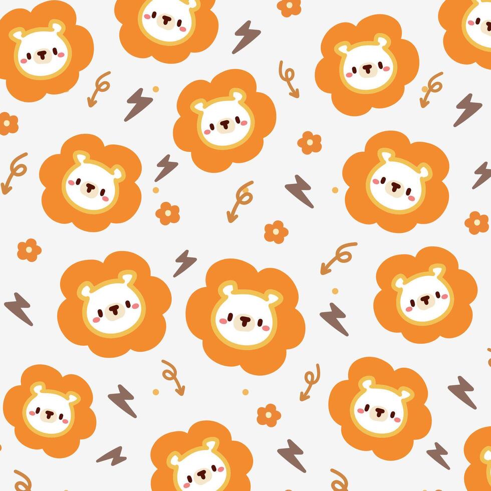 Cute Pattern with Cute Lion Faces and Flowers.Kawaii Lion and Flower Seamless Design. vector