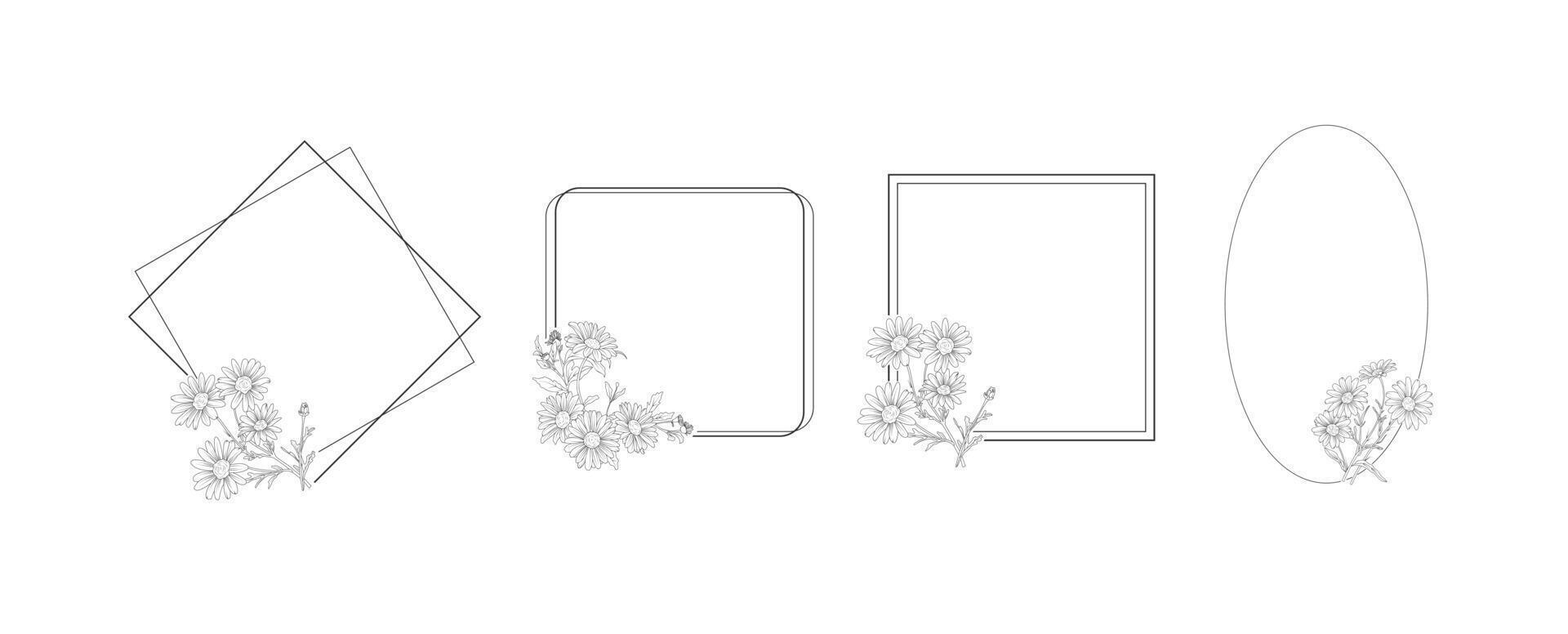 Daisy flower geometric border minimalist frame line art on white background. Silhouette botanical hand drawn element for wedding, invitation frame design, illustration vector