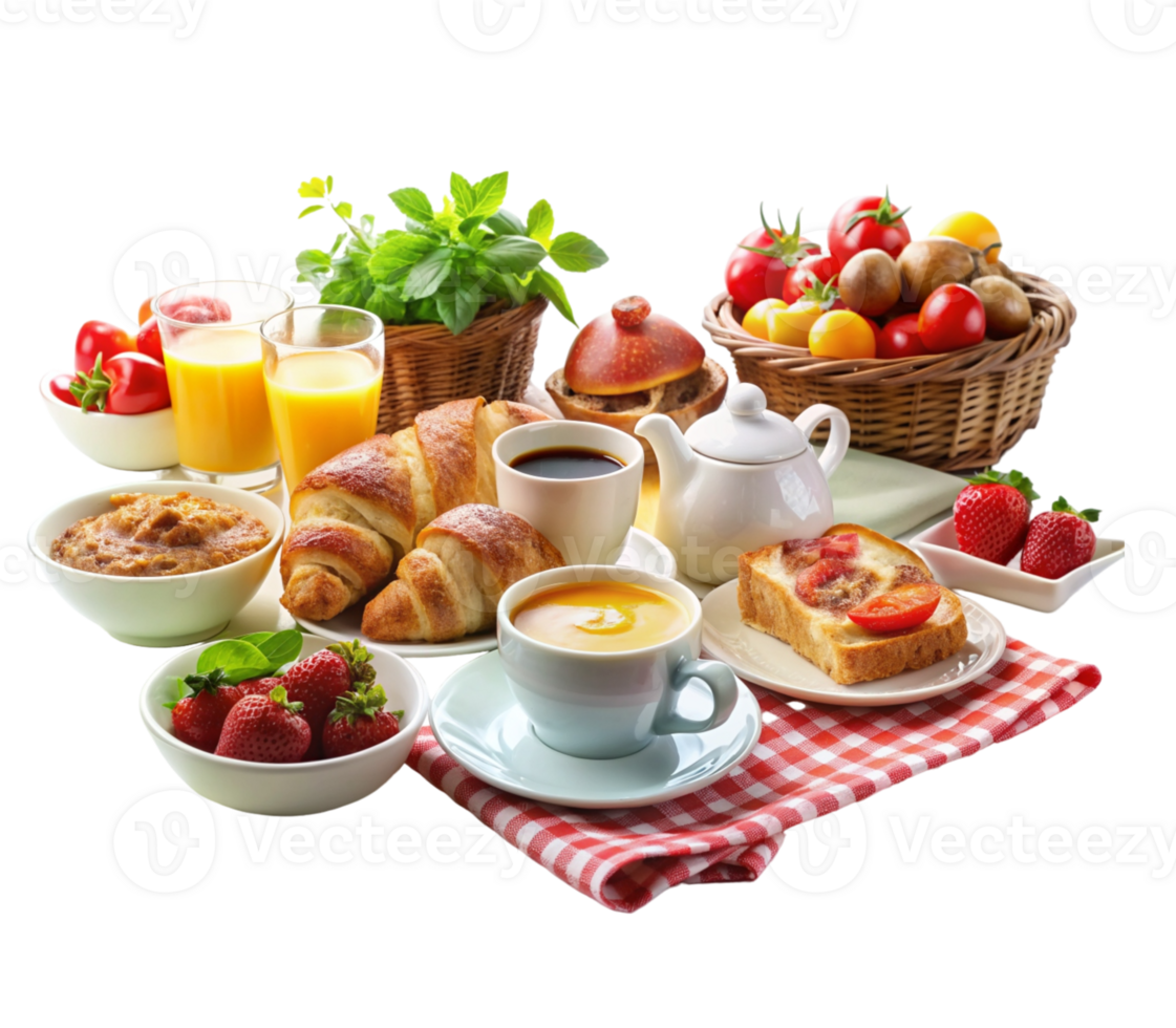Varied breakfast preparation with coffee and sweet fruit juices png