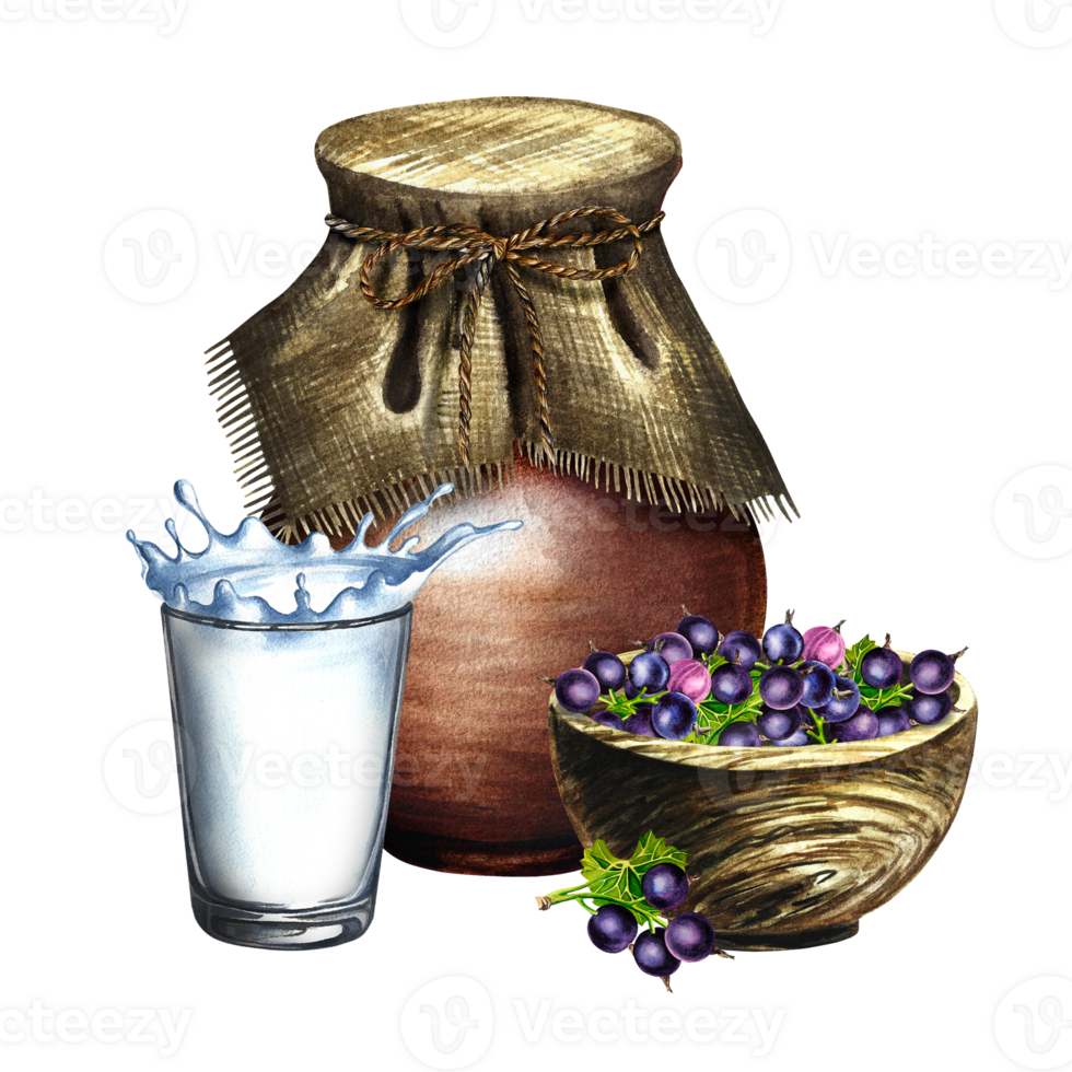 Black currant and milk. Currant yogurt. Still life in a rustic style with a jug, a wooden bowl and a glass. Handmade watercolor illustration. Isolate her. For packages and labels. For banner, stickers png