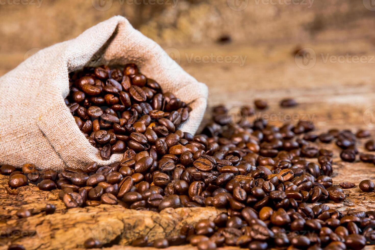 Coffee beans and bag on old wood background. Fresh coffee beans and bag on old wood. photo