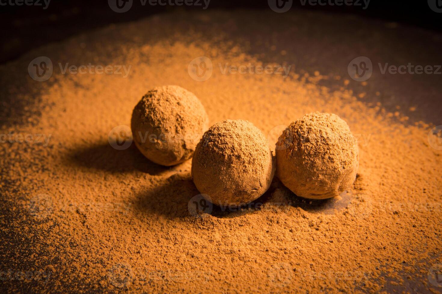 Truffle chocolate candies on cocoa powder. Best chocolate truffles photo