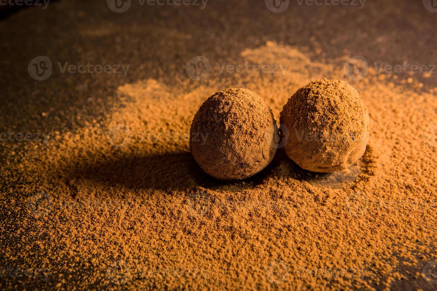 Chocolate truffle,Truffle chocolate candies with cocoa powder.Homemade fresh energy balls with chocolate.Gourmet assorted truffles made by chocolatier. photo