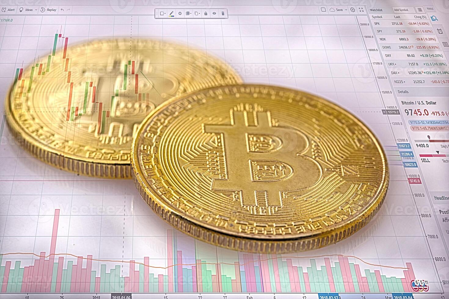 Bitcoin is a gold coin and a defocused graphics background. Symbol of investment in cryptocurrency. photo