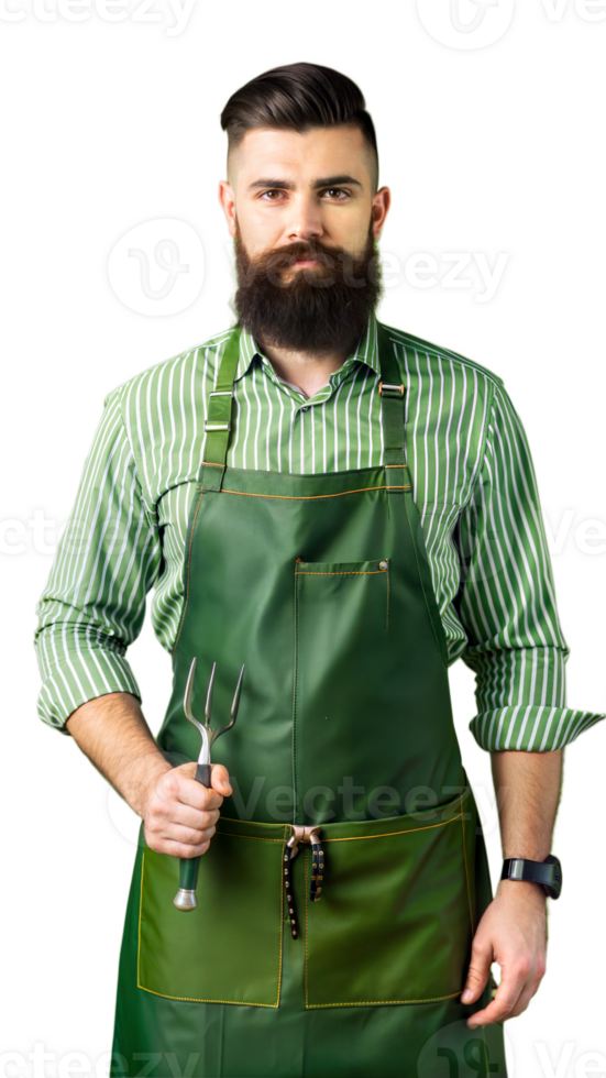 Bearded Man Wearing Green Apron Holding Garden Fork png