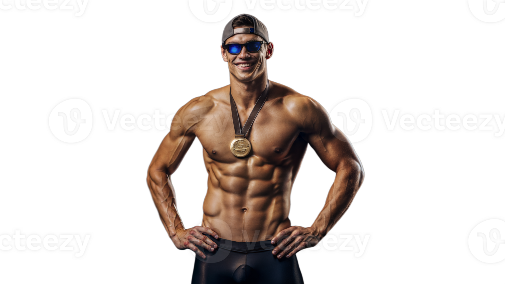 Muscular Man Flexing With Medal And Sunglasses png
