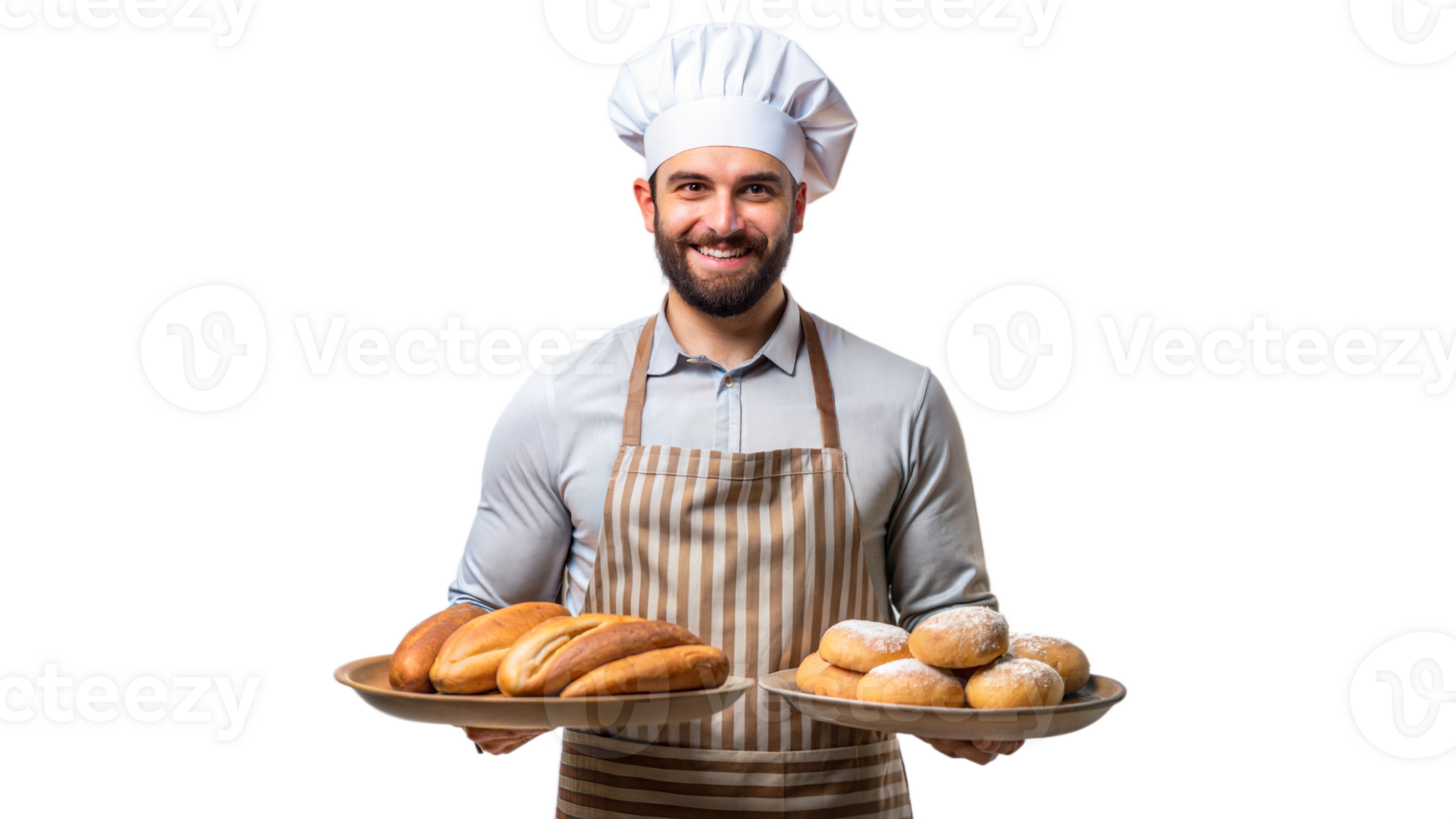 sorridente chefe de cozinha apresentando fresco cozido pão e pastelaria png