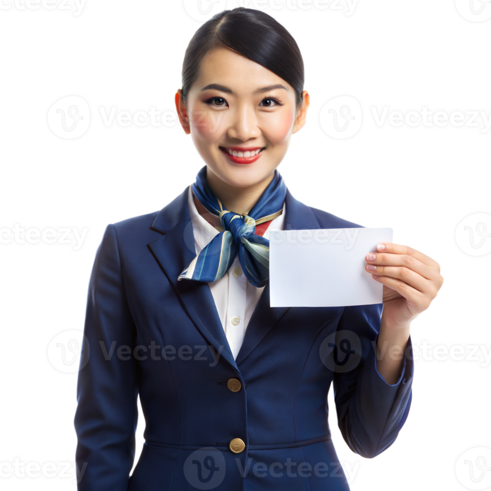 Smiling Flight Attendant Holding Blank Card in Uniform png