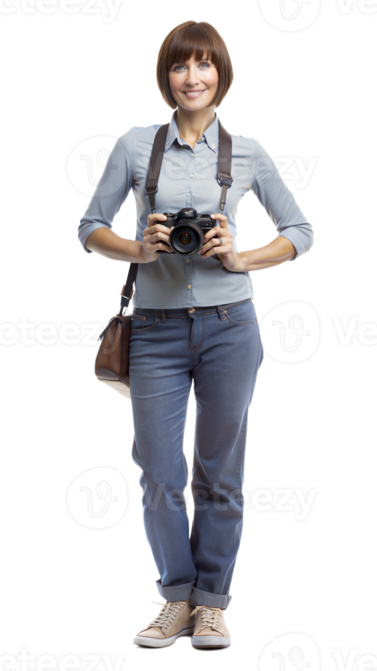 Smiling Woman with Camera in Casual Outfit png