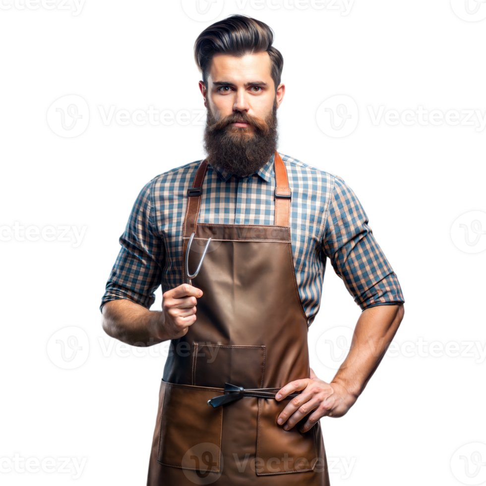 Confident Bearded Man in Apron Holding Barbecue Fork png