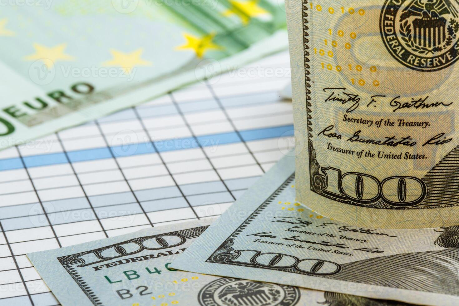 Background with money. American dollar bills on the table. Euro banknotes. Money. Currency. Cash. The world's main currency. photo