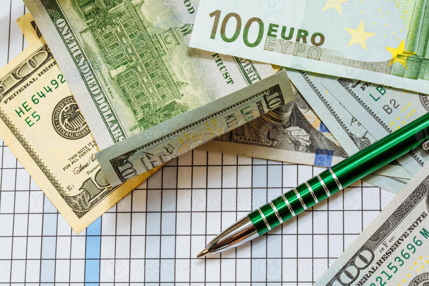 Background with money. American one hundred dollar bills. Euro banknotes. A ballpoint pen next to the bills. Money. Currency. photo