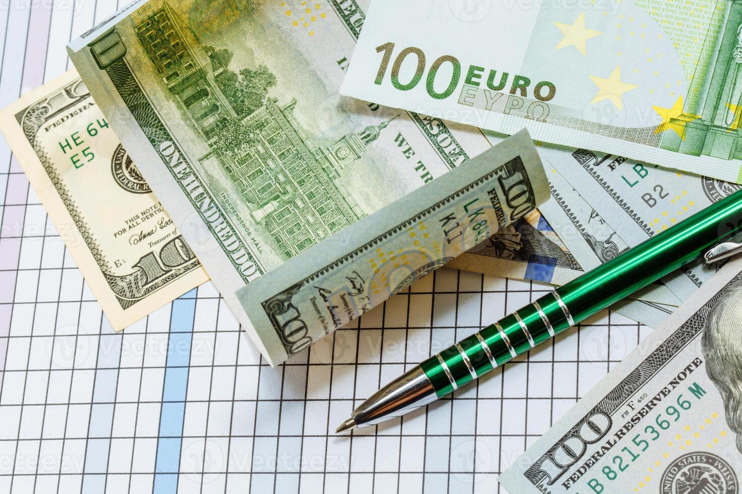 Background with money. American one hundred dollar bills. Euro banknotes. A ballpoint pen next to the bills. Money. Currency. photo