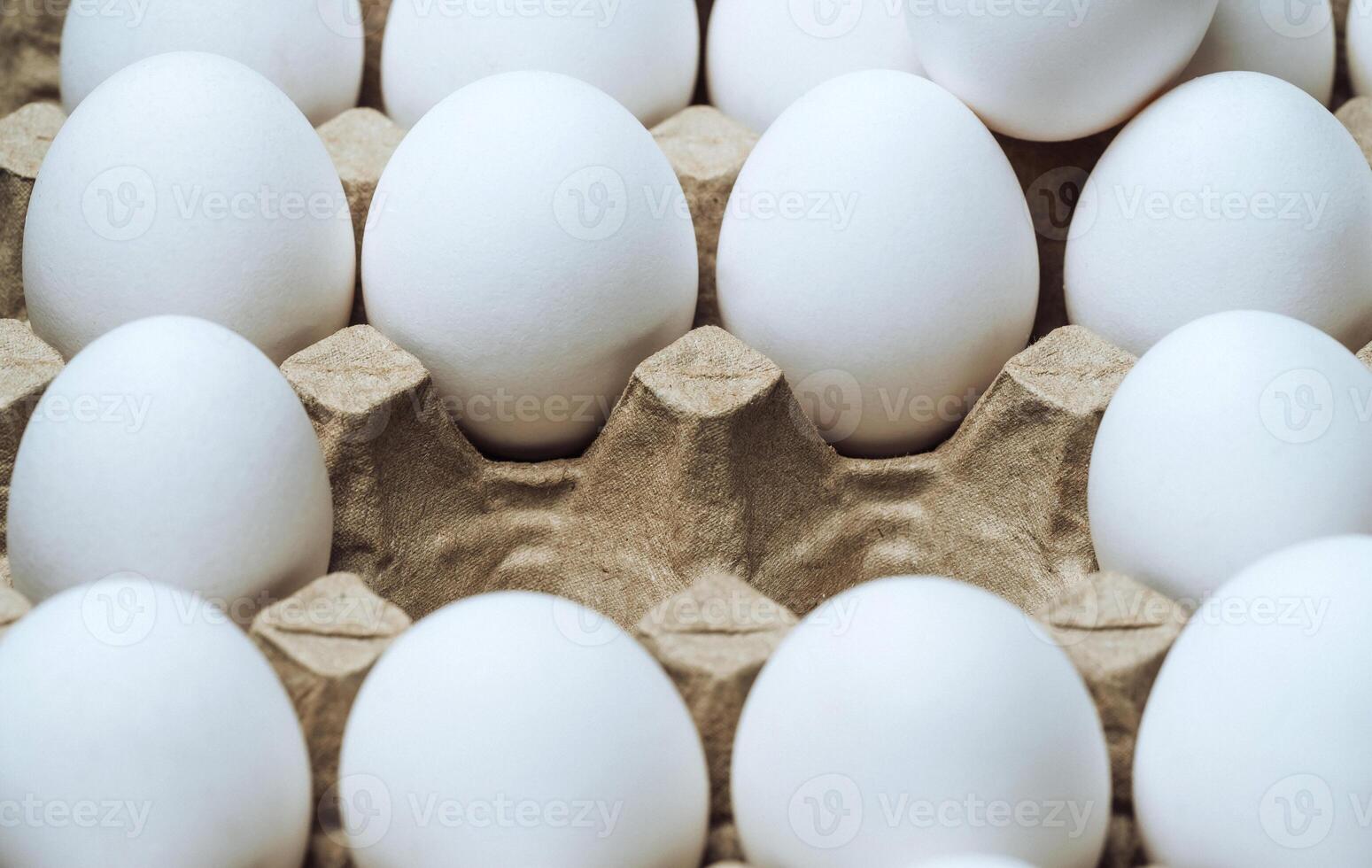 White chicken eggs in a cardboard box with empty space, background photo