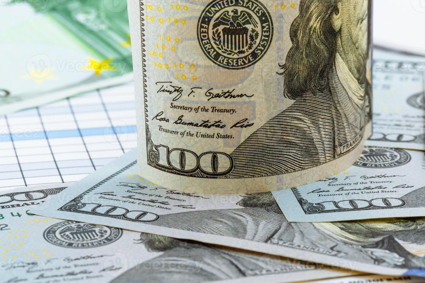 Business and finance. American dollars and euro banknotes. Coins. Money. Currency. Cash. Background with money. photo