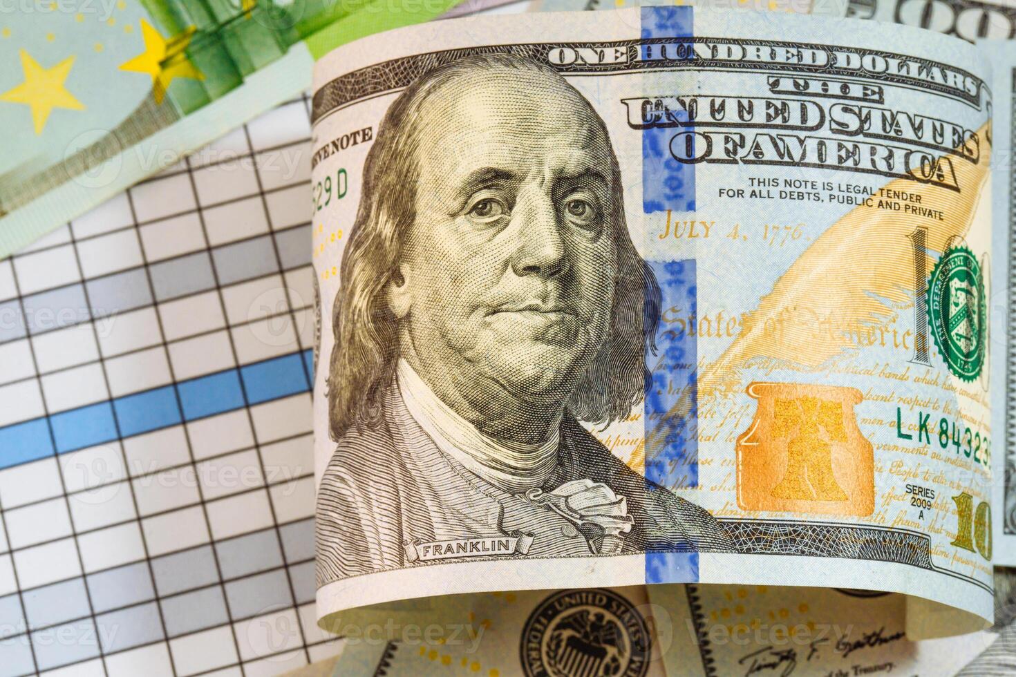 Background with money. American dollar bills on the table. Euro banknotes. Money. Currency. Cash. The world's main currency. photo