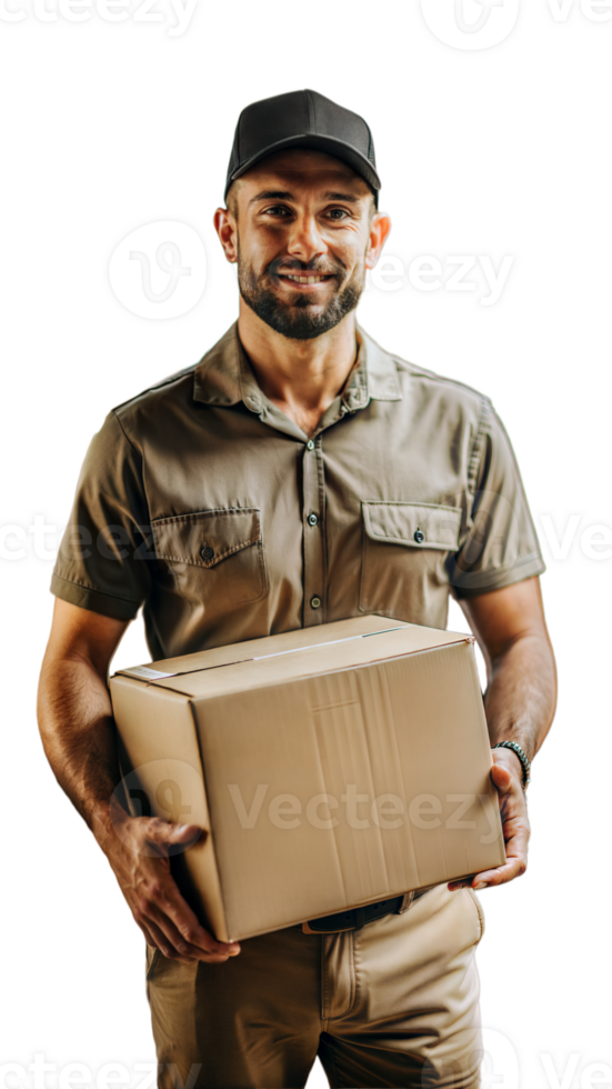 Smiling Delivery Man Holding a Cardboard Box png