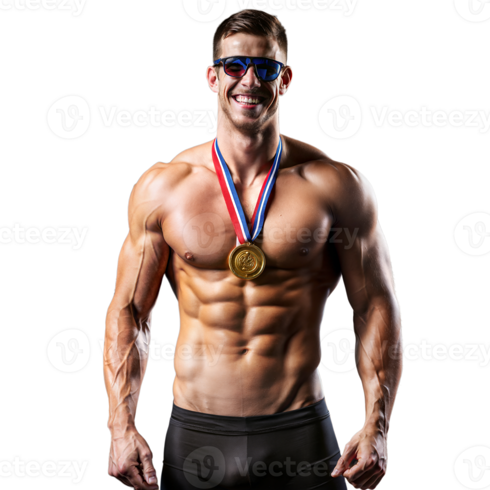 Muscular Athlete in Sunglasses with Gold Medal and Confident Smile png