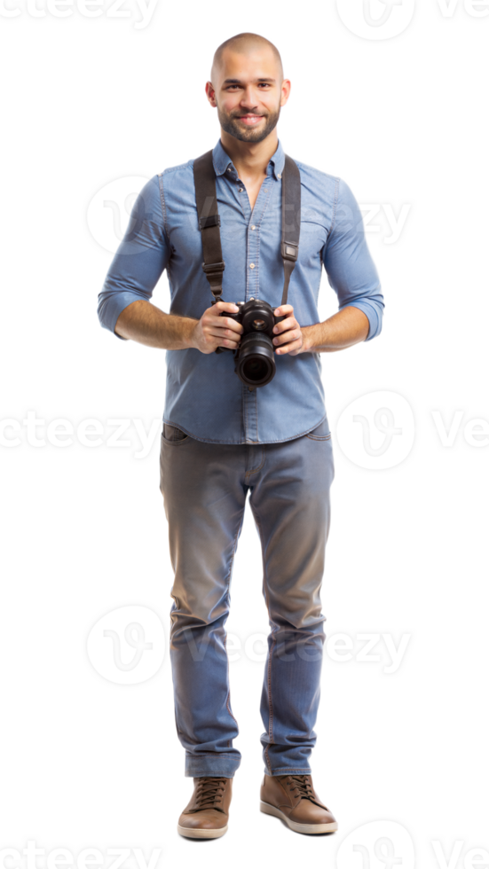 Happy Photographer Holding Camera In Denim Outfit png