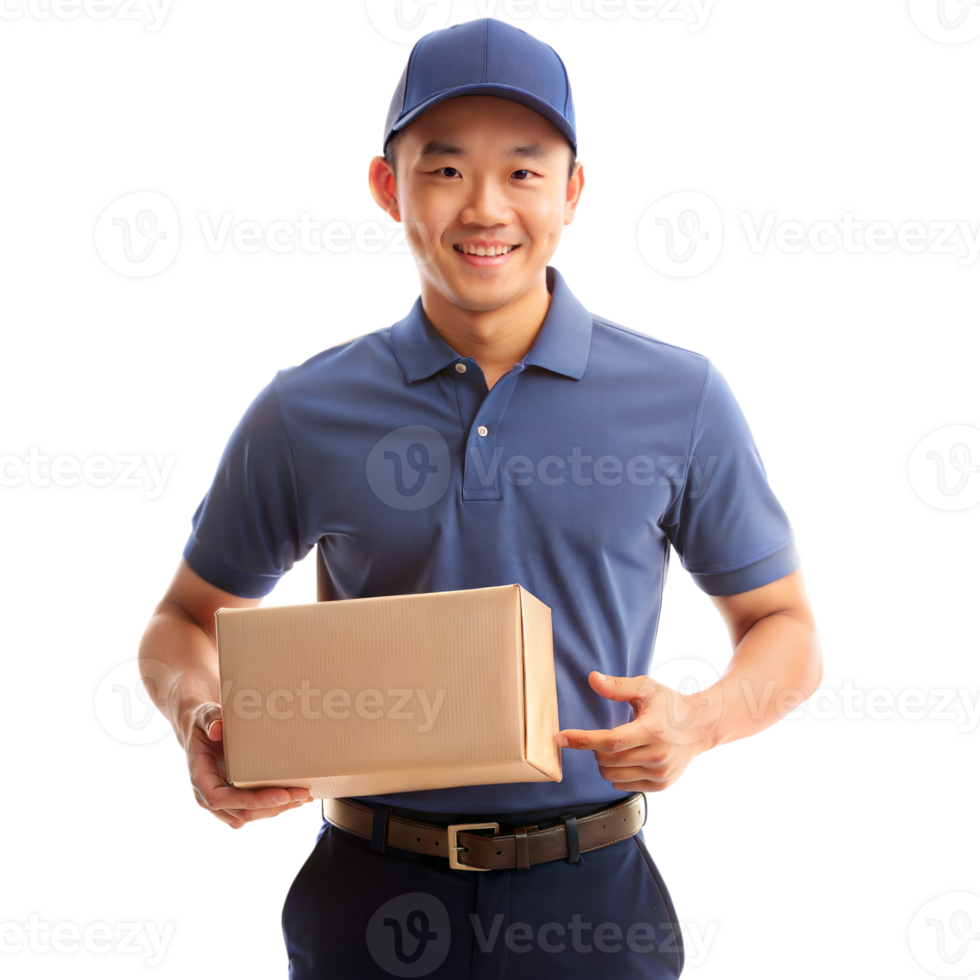 Smiling Delivery Man Holding a Package in Uniform png