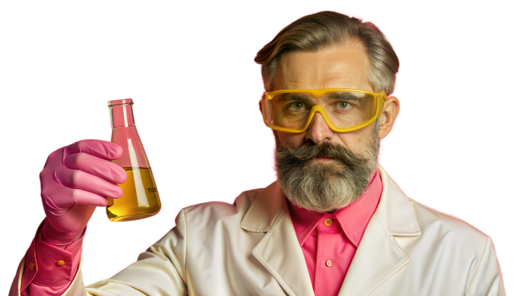 Scientist Holding Flask With Yellow Liquid Wearing Lab Coat png