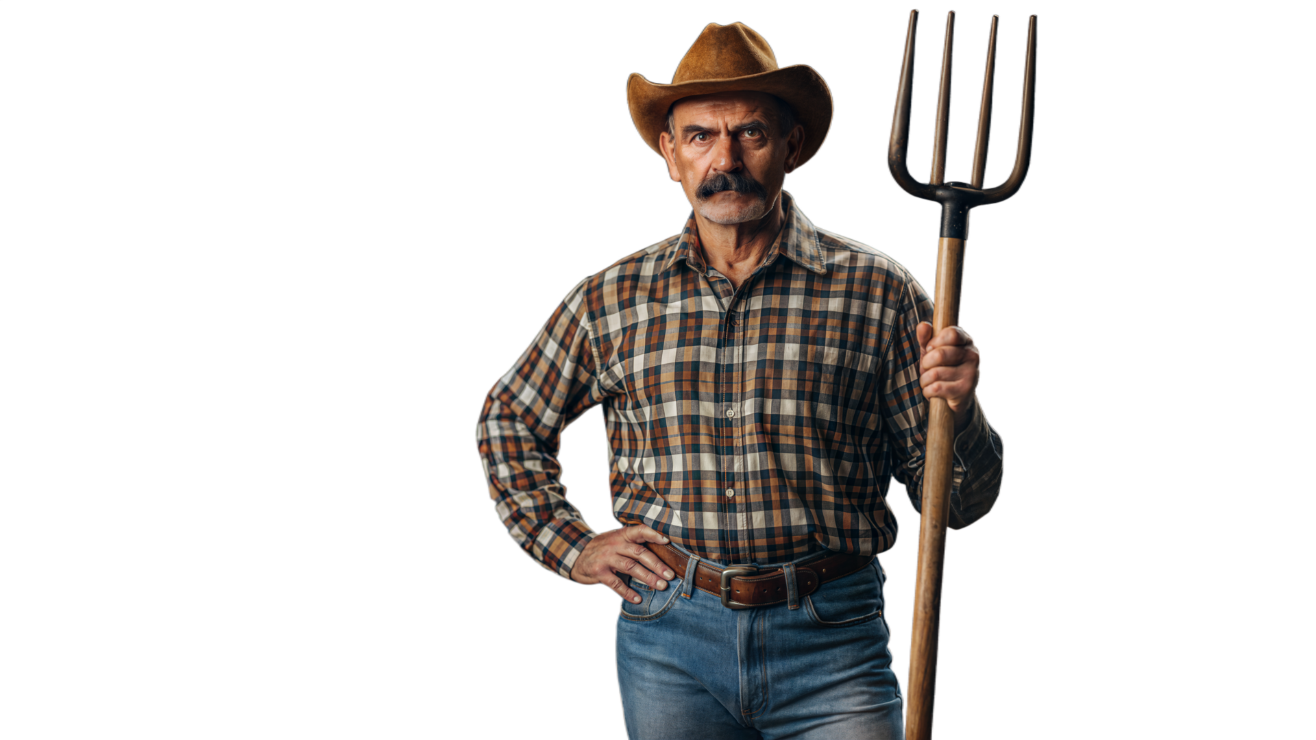 Rugged Farmer Holding Pitchfork in Plaid Shirt and Cowboy Hat 47726528 PNG