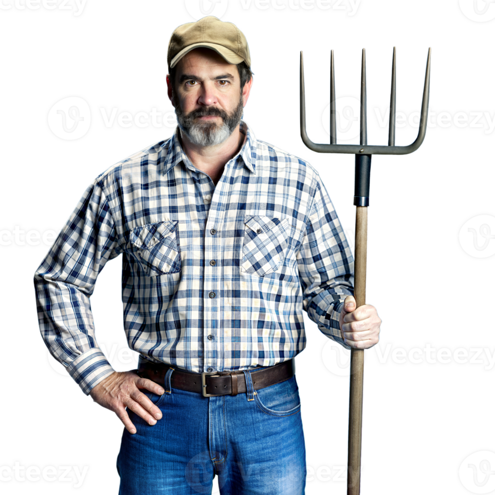 Rural Farmer Holding Pitchfork in Plaid Shirt and Hat png