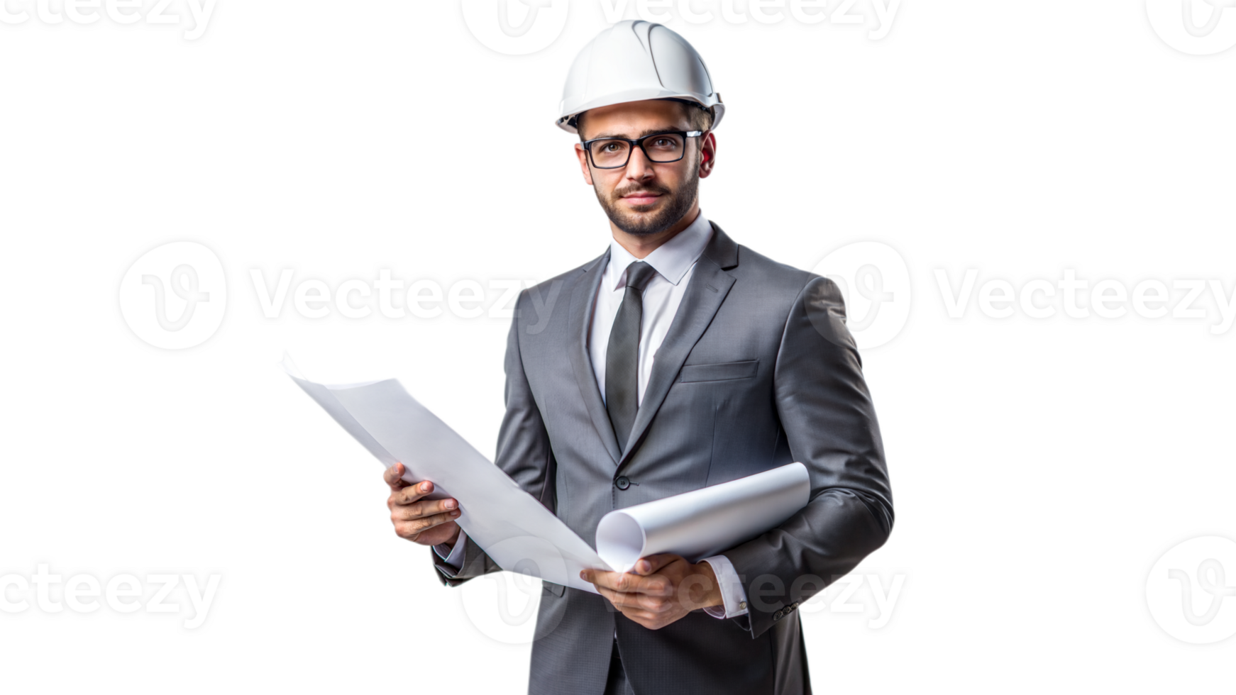 professionnel architecte en portant plans dans costume et sécurité casque png