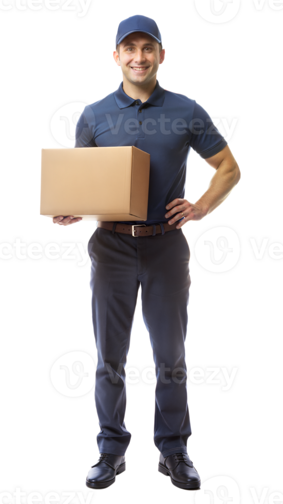 Smiling Delivery Man Holding A Cardboard Box png
