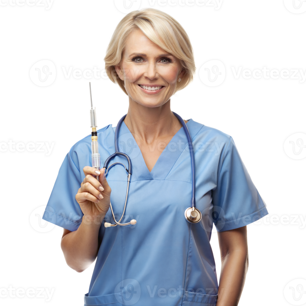 Smiling Nurse Holding Syringe With Stethoscope png