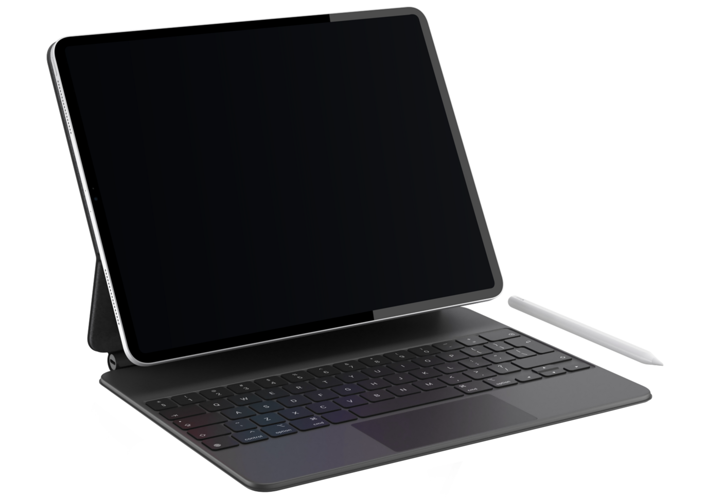 Tablet on a stand with keyboard and pen png